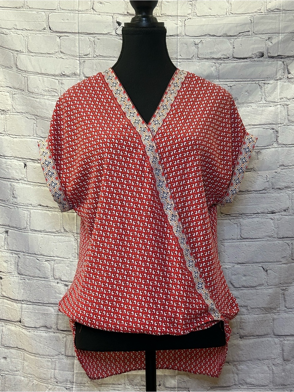 Max Studio Red Printed Short-Sleeve Wrap Blouse with Contrast Trim